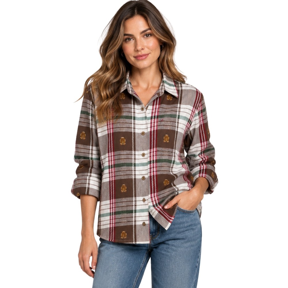 Krazy Kat Gingerbread Man Cookie Plaid Button Down Shirt Brown Medium Holiday